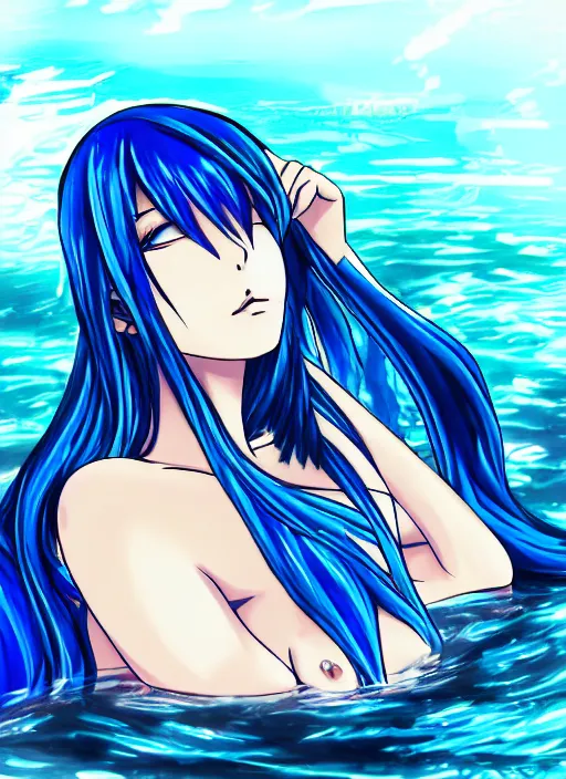 Image similar to a woman with blue hair sitting in the water, an anime drawing by yuumei, featured on pixiv, rayonism, pixiv, seapunk, anime