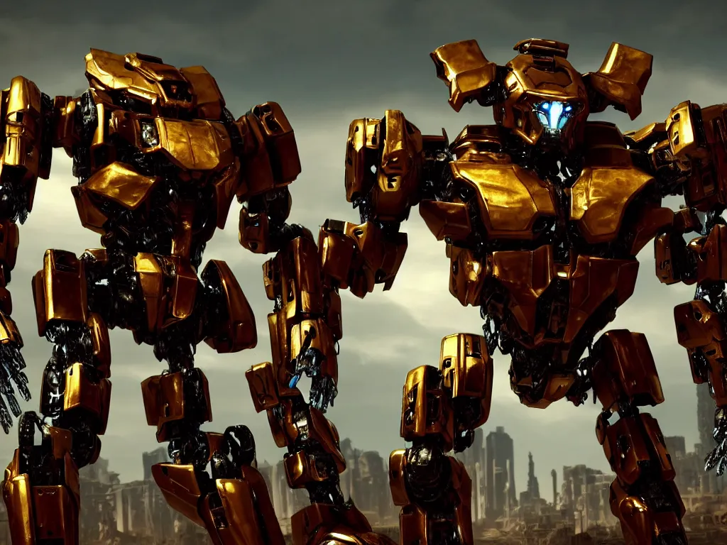 Image similar to a shiny ornate boxing humanoid mecha in ruin city, victory, bright, by war robots, real steel ( 2 0 1 1 ), westworld and eve venture and pacific rim and machine warrior 5, cryengine, frostbite 3 engine, scarlet and yellow scheme, sharp focus, 8 k, high definition, insanely detailed, soft lighting, smooth face