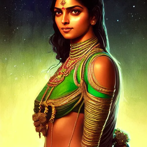 Image similar to Portrait of very very very very very very beautiful Indian woman, spacesuit, green eyes, intricate, elegant, highly detailed, digital painting, artstation, concept art, smooth, sharp focus, illustration, art by artgerm and greg rutkowski and alphonse mucha