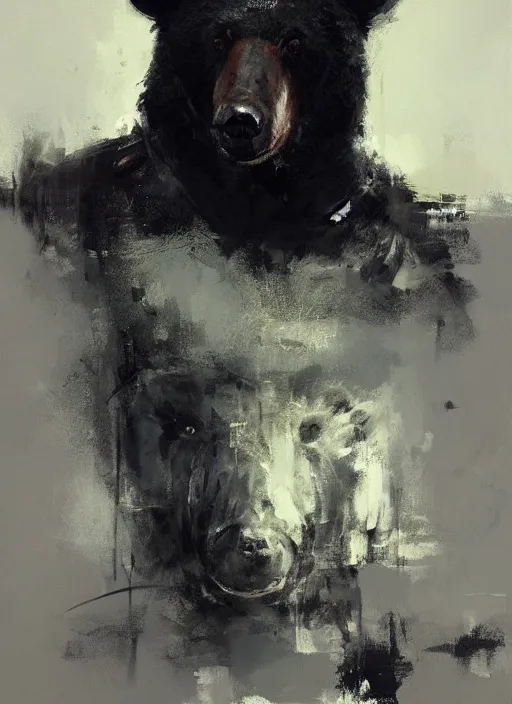 Image similar to portrait painting of anthropomorphic black bear samurai by jeremy mann, only one head single portrait