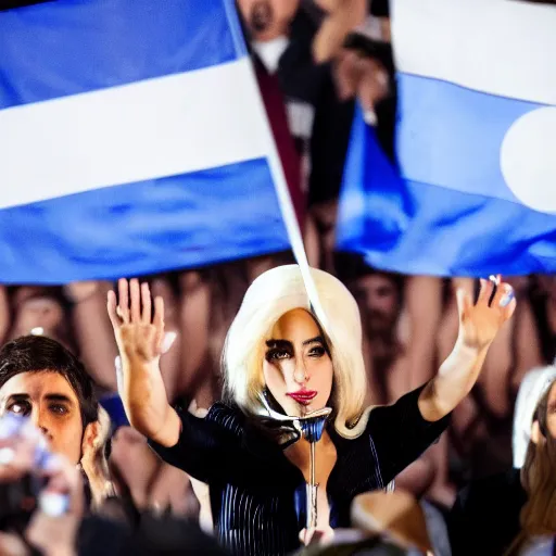 Image similar to Lady Gaga as president, Argentina presidential rally, Argentine flags behind, bokeh, giving a speech, detailed face, Argentina