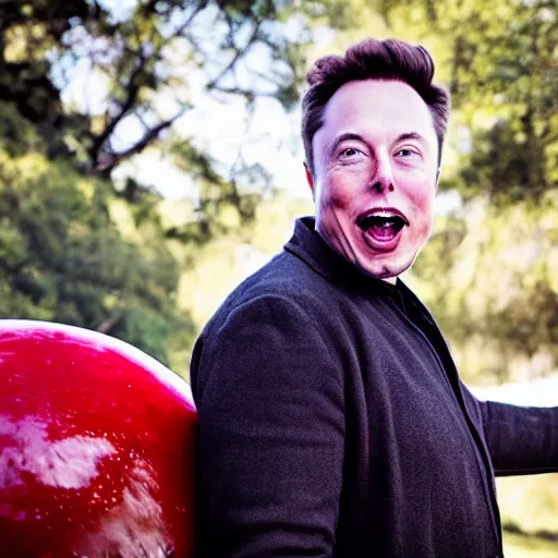 Prompt: portrait photo of elon musk finding a giant red mushroom, exhilarated, portrait, closeup. mouth open, 30mm, bokeh