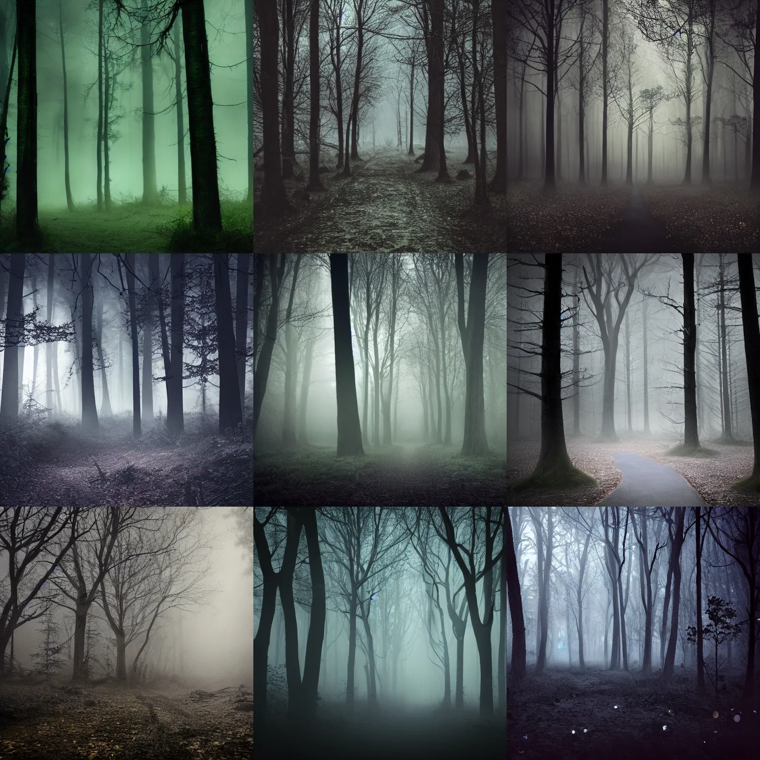 Prompt: a very dark and creepy forest at night, fantasy style, 8 k