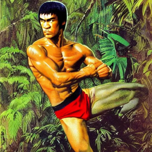 Prompt: color portrait of bruce lee in the jungle by frank frazetta