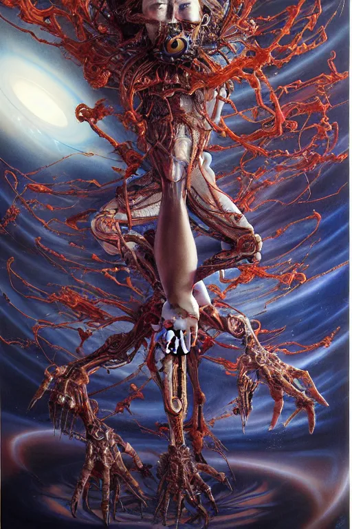 Image similar to a tall, fleshy person with extra limbs, !!!wide eyes!!! hovering in the air, zero gravity, aliens around, rich colours, Ayami Kojima, Karol Bak, mark brooks, hauntingly surreal, highly detailed painting by Katsuhiro Otomo, part by Adrian Ghenie, part by Gerhard Richter, Soft light 4K