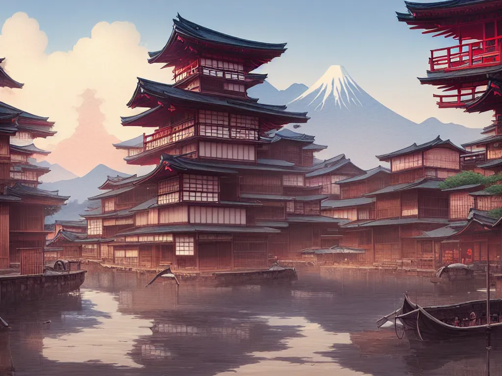 Prompt: old japanese town viewed from harbor, d & d digital painting, ultra realistic, beautiful, volumetric lighting, warm colors advance, cell shading, by james jean, greg rutkowski,