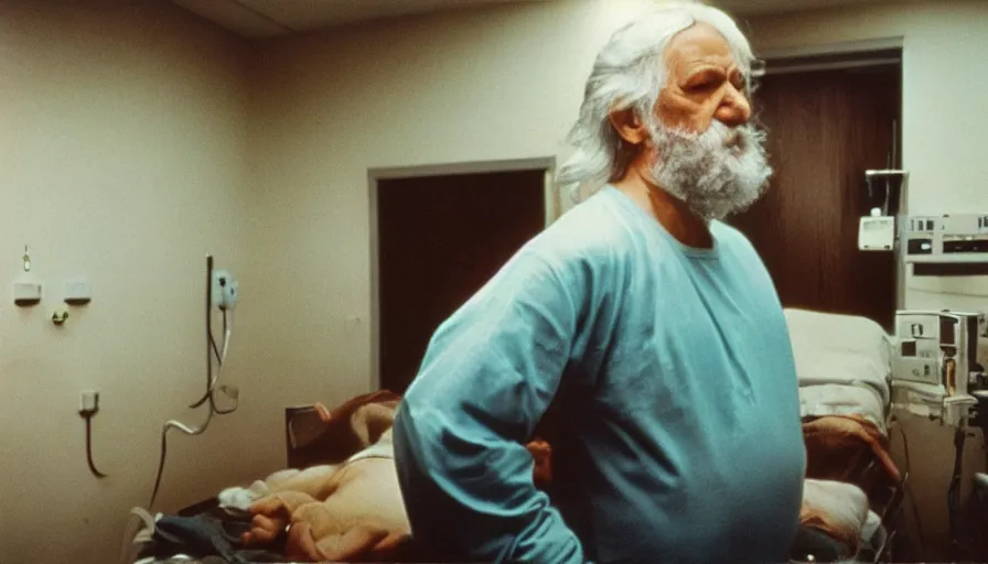 Image similar to 7 0 s movie still of a old man with a spiral on the chest in the hospital, cinestill 8 0 0 t 3 5 mm eastmancolor, heavy grain, high quality, high detail