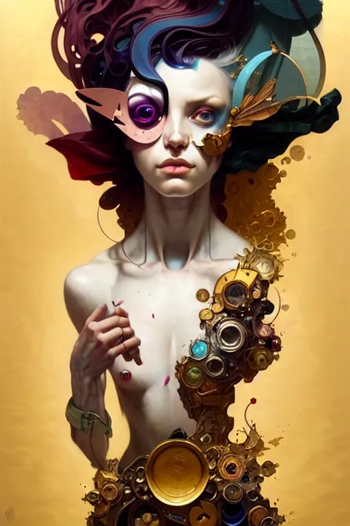 Prompt: portrait, patchwork doll, cyberpunk, elegant baroque, asymmetrical art, hyperrealism, colorful, vivid, imposing, epic, abstract texture, gold leaf texture, artstation, concept art, by peter mohrbacher and wlop and rhads and artgerm and magali villeneuve and alphonse mucha