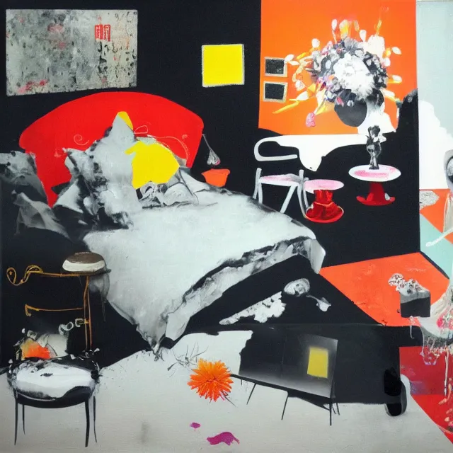 Image similar to bedroom room with black walls, sensual portrait of a woman sleeping, japanese vase, white flowers, puddle of water, octopus, squashed berries, neo - expressionism, surrealism, acrylic and spray paint and oilstick on canvas