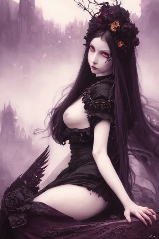 Prompt: portrait of radical lolita girl, dreamy and ethereal and dark, dark eyes, smiling expression, ornate goth dress, dark fantasy, chaotic, elegant, black crows flying, highly detailed, digital painting, artstation, concept art, smooth, sharp focus, illustration, art by artgerm and greg rutkowski and alphonse mucha