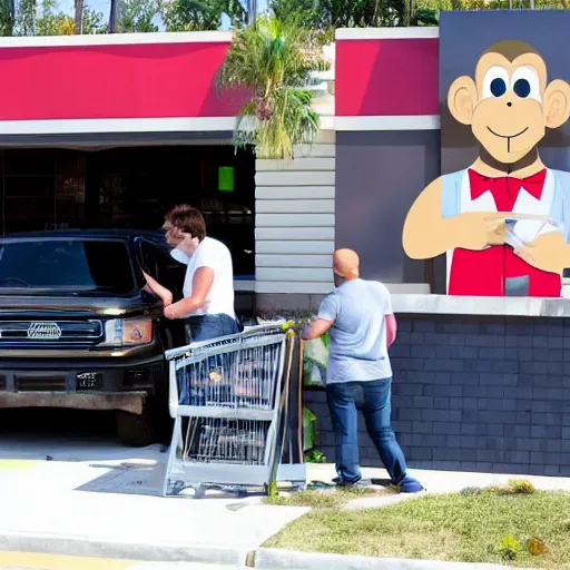 Prompt: monkey and his friends ordering at the taco bell drive through
