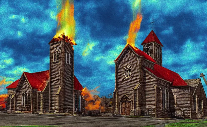 Image similar to a church exploding into flames, blue sky with clouds, digital art