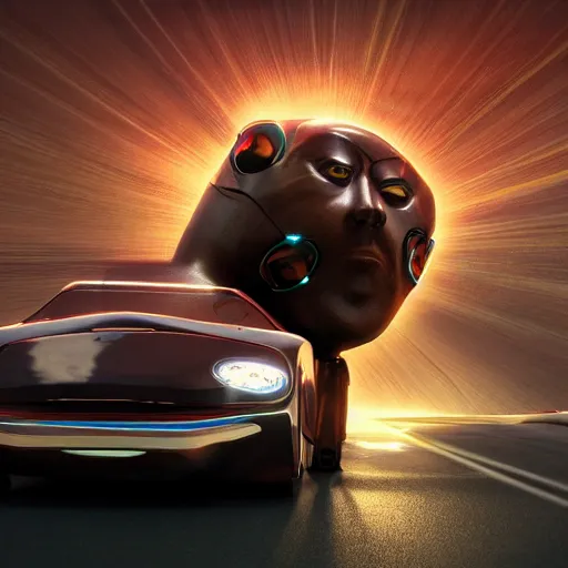 Image similar to Giant head of David Copperfield, dark hair, heavy eyebrows, on a robotic car with wheels running on a californian highway, rays of light, particles light, kuvshinov ilya, unreal engine