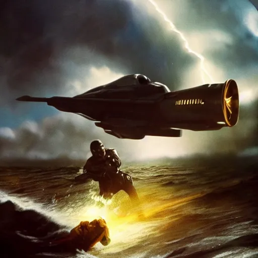 Image similar to captain j. kirk from star trek storming the beaches of normandy on d - day. film still, detailed face, ultra realism, dramatic lighting, thunderstorm, action pose, zeiss lens, canon eos, artstation, dynamic pose, redshift, octane