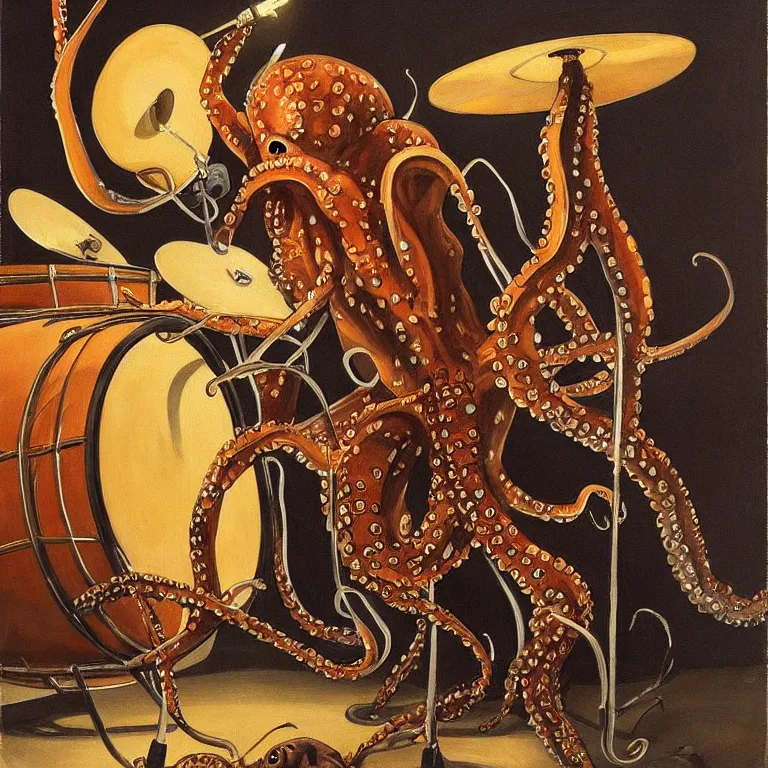 Image similar to a beautiful painting by joseph christian leyendecker of an octopus playing drums and telecaster guitar in a rock concert, dark background, concert light, dark mood, cold lighting