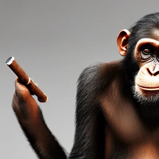 Image similar to a high detail shot of a chimp wearing a suit, smoking, unreal engine