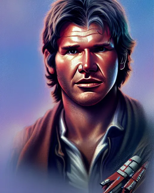 Prompt: portrait closeup harrison ford hybrid han solo standing in the cockpit of the millennium falcon, confident, brian froud, strong line, deep color, action pose, trending on artstation, octane