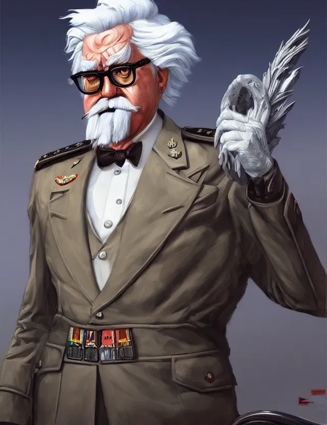 Image similar to a portrait of colonel sanders as a military dictator, by moebius and tyler edlin and hr giger, trending on artstation, digital art, 4 k resolution, detailed, high quality, sharp focus, hq artwork, coherent, insane detail, concept art