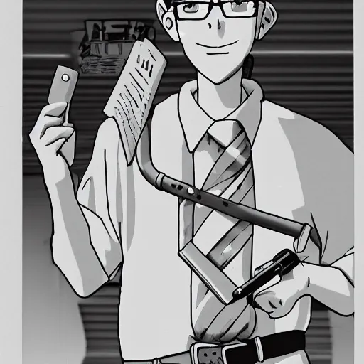 Prompt: hank hill from king of the hill as an school girl in an anime from 1997 selling propane, Impressive line work and attention to detail,