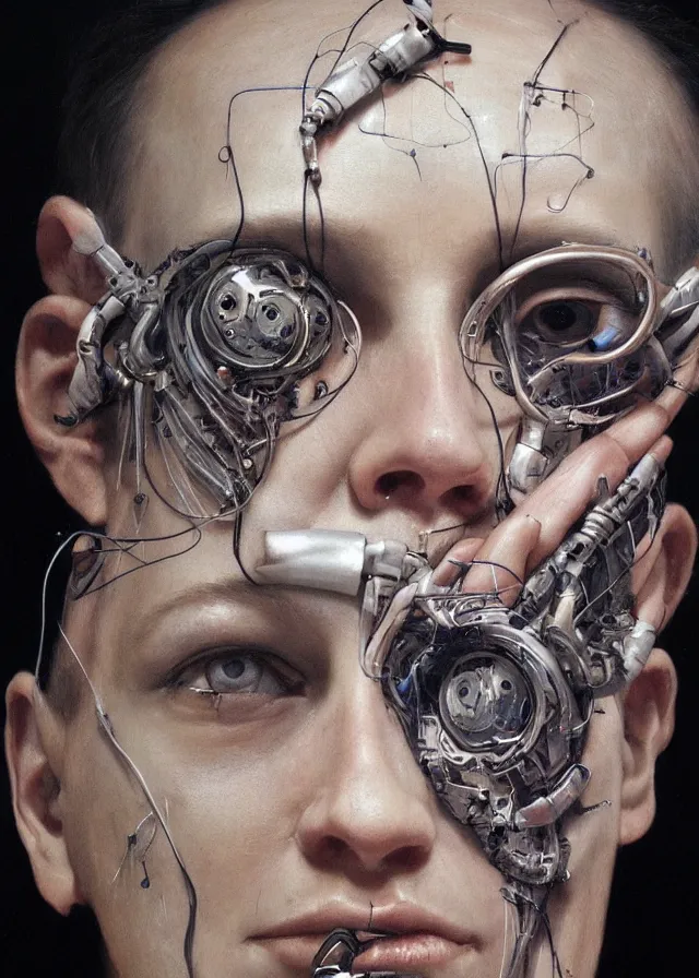 Image similar to cybernetic implants on face, metal jaw, usb port on forehead, portrait by jenny saville