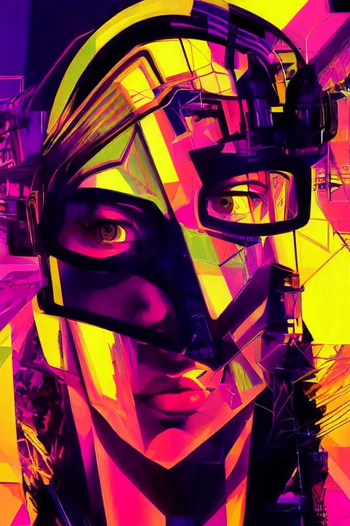Image similar to portrait, digital painting, an beautiful, crazy hacker girl, lost in code, synthwave, glitch!!, fractured reality, realistic, hyperdetailed, golden hour, concept art, art by syd mead, cubism