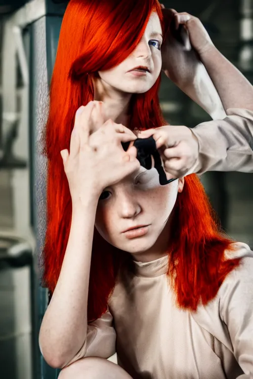 Image similar to portrait photo of a beautiful teenage girl in a futuristic jumpsuit. Red hair, freckles. In an industrial environment. Shallow depth of field. Strong keylight. Highly detailed.