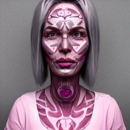 Prompt: middle aged woman ; muted pink shoulder length shaved side ; grey skin ; muted pink eyes ; face tattoos lines ; alchemist ; trending on artstation ; cinematic ; high detail ; digital art