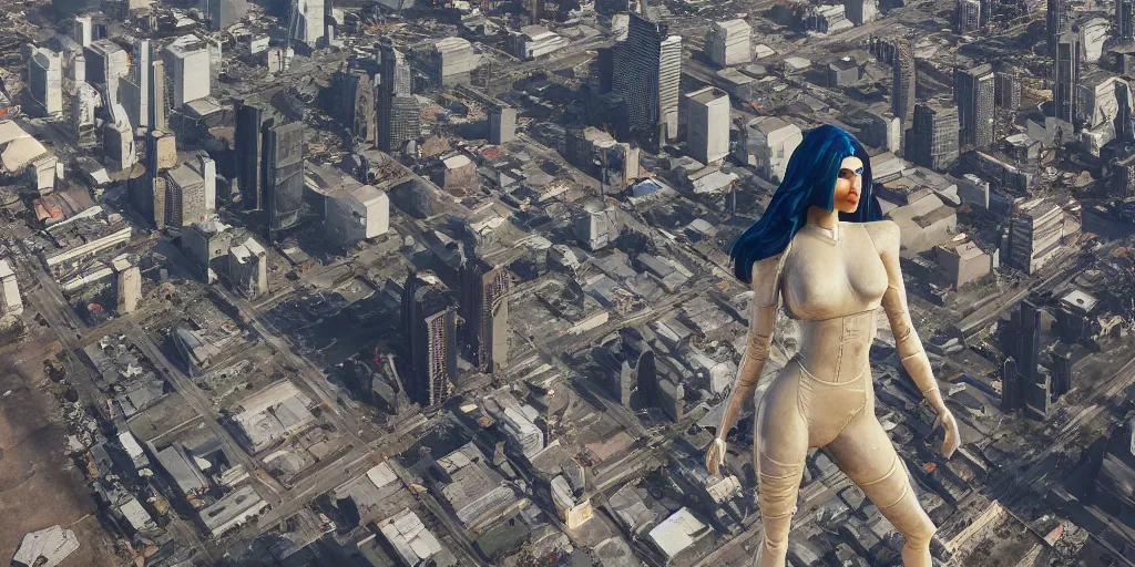 Image similar to aerial view of a dystopian kylie jenner statue in the middle of los angeles, orwellian, by neil blevins, high detail, digital art, pop art style, death stranding art style, cinematic lighting, artstation, cgsociety, unreal engine 5 render, octane render, 3 5 mm film grain