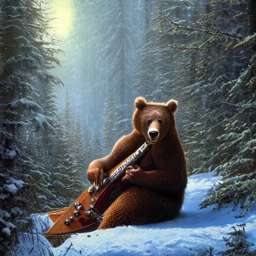 Prompt: Realistic brown bear playing Rudolph Schenker's guitar, by Antonio Caparo and Ferdinand Knab and Greg Rutkowski UHD photorealistic trending on artstation