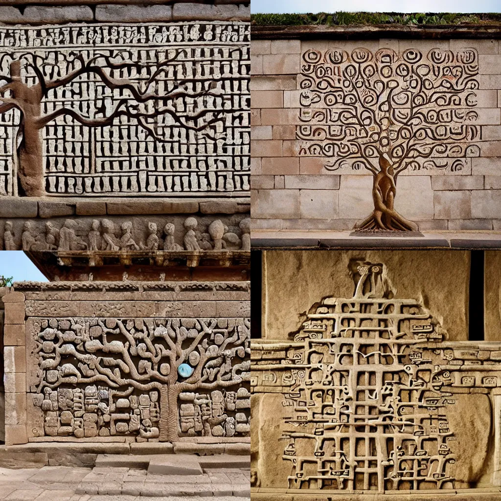 Prompt: wall of an ancient temple depicting genetic tree of life