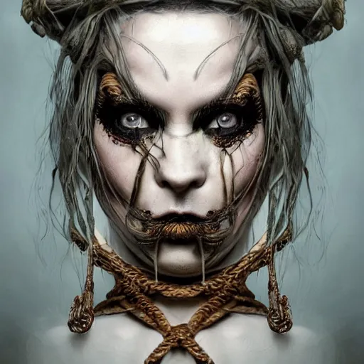 Image similar to portrait of a Shibari rope wrapped face and neck, headshot, insanely nice professional hair style, dramatic hair color, digital painting, of a old 15th century, old cyborg merchant, amber jewels, baroque, ornate clothing, scifi, realistic, hyperdetailed, chiaroscuro, concept art, art by Franz Hals and Jon Foster and Ayami Kojima and Amano and Karol Bak,