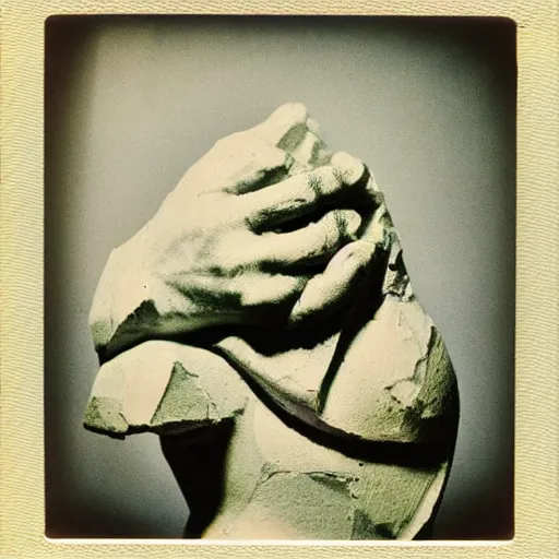 Image similar to Polaroid photo of fragmented greek sculpture of Shrek