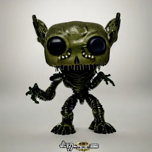 Image similar to funko pop doll of a terrifying lovecraftian giant mechanized attack dog taken in a light box with studio lighting, some background blur