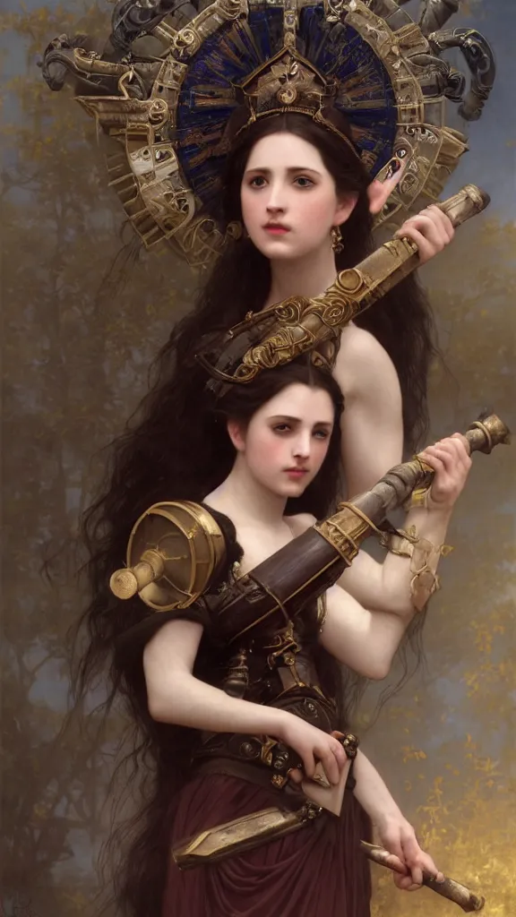 Image similar to a goddess with dark hair and pale skin armed with spear and a crown on her head, hyperrealistic, octane render, Regal, Refined, Detailed Digital Art, RPG portrait, William-Adolphe Bouguereau, Michael Cheval, Walt Disney (1937), Steampunk, hyperdetailed, artstation, cgsociety, Volumetric Golden dappled dynamic lighting, Highly Detailed, Cinematic Lighting, Unreal Engine, 8k, HD