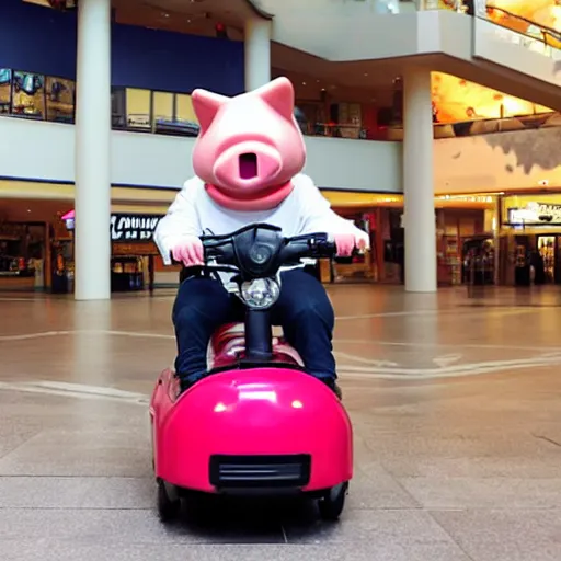 Image similar to photo of a anthropomorphic pig on a mobility scooter in a mall