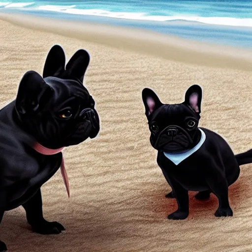 Image similar to black french bulldog in the beach, studio ghibli