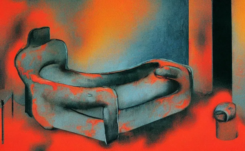 Prompt: an empty room in the style of constructivism, couch is on fire, blurred, grotesque, doomed, neural acrylic paint, high resolution, gouache on canvas, ultra detailed, vibrant colors, grotesque, wrapped thermal background, art by francis bacon, beksinski painting