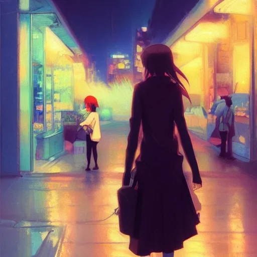 Image similar to a girl smoking, beautiful face, street at night, long hairfine art painting by makoto shinkai, featured on pixiv, hd