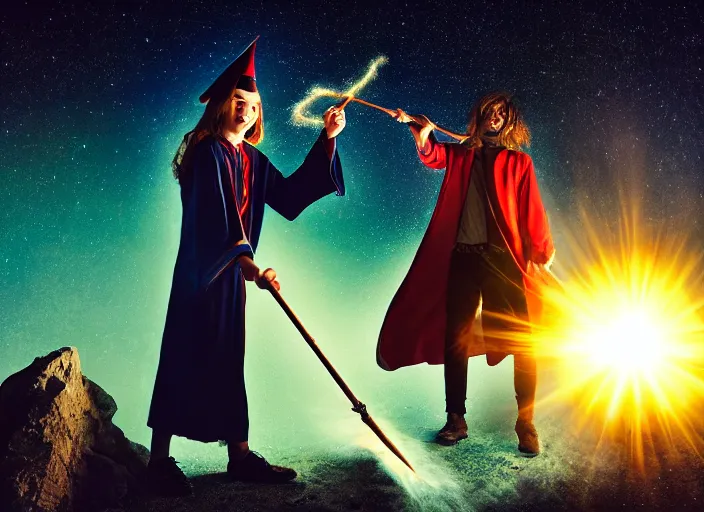 Image similar to a young adult wizard with very detailed face, hair clothes and shoes points their wand fiercely from which a blast of bright magic flies from the end of the wand, on an empty moonlit hill, dramatic lighting, lens flare, 3 5 mm full frame professional photography, kodachrome