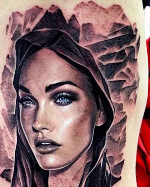 Image similar to double exposure effect tattoo sketch of a megan fox portrait blended with beautiful mountain scenery, surreal, in the style of matteo pasqualin, amazing detail, sharp