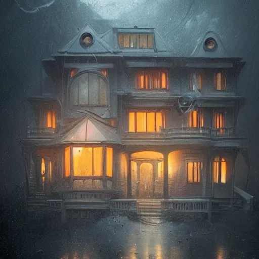 Prompt: An Organic Victorian House with orange eyeballs staring out from the windows, Lovecraftian, 4k, masterpiece, cinematic, glowing, by Greg Rutkowski, Trending on Artstation, Behance. Polished. Eldritch. Eyeballs. Tentacles.