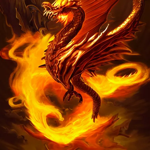 Image similar to Golden dragon with flaming wings, MTG art style