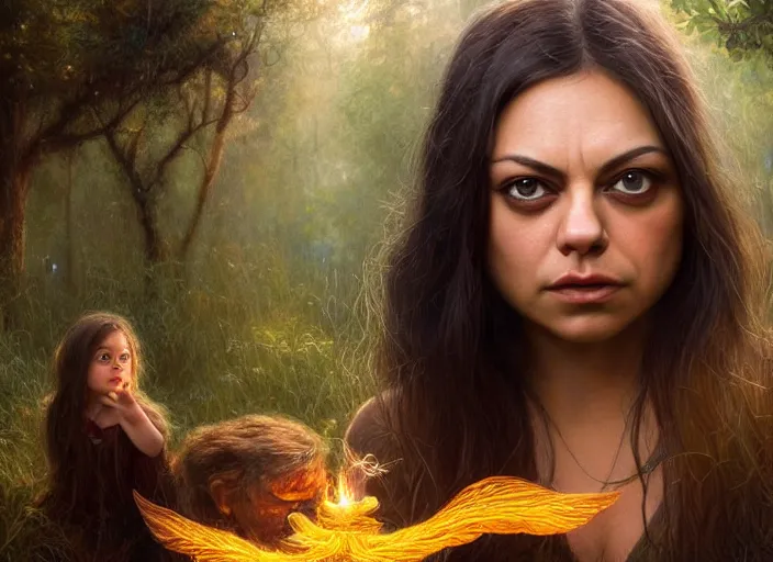 Image similar to big-eyed surprised Mila Kunis staring intensely into the camera, sundown golden hour firefly wisps, Lilia Alvarado, Sophie Anderson, Mark Arian, Bob Byerley, Charlie Bowater, Mark Brooks, Steve Henderson, Justin Gerard, Arthur Hughes, Edward Robert Hughes, Mark Keathley, Victor Nizovtsev, Carlos Shwabe, Ross Tran, WLOP