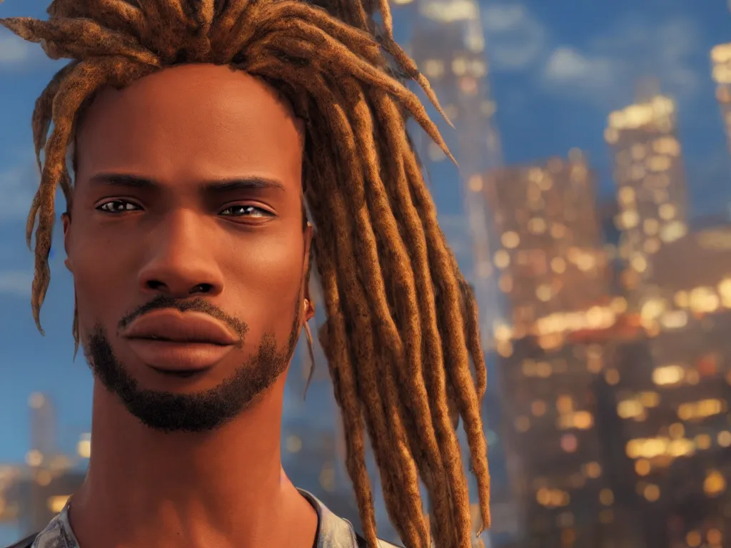 Image similar to portrait, a handsome african american johnny storm wearing brown dreadlocks hair, photorealistic, cinematic, high detail, dramatic lighting, unreal engine, city background, 8 k