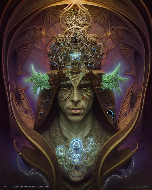 Image similar to front shot of a court jester character, hyperdimensional, bioluminescent, ((intricate)), elegant, highly detailed, centered, (((artstation, concept art, smooth, sharp focus, artgerm, Tomasz Alen Kopera, Peter Mohrbacher, donato giancola, Joseph Christian Leyendecker, WLOP, Boris Vallejo))), mugshot!!!!!, ugly!!!!!!, octane render, nvidia raytracing demo, grainy, muted