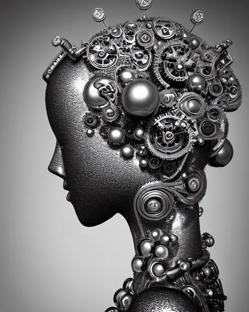 Image similar to mythical black and white organic bio-mechanical spinal ribbed profile face portrait detail of silver mechanical beautiful female angelic-queen-vegetal-cyborg, highly detailed, intricate steampunk flower and diamonds and gemstones ornate, poetic, 3D render, digital art, octane render, 8K artistic photography, photo-realistic, by Dora Maar