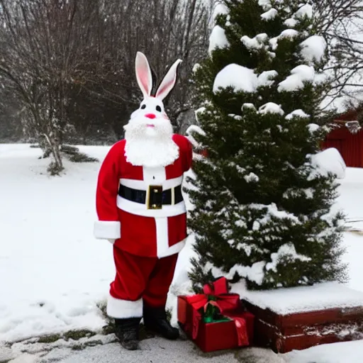 Prompt: a rabbit dressed as santa, stands outside a brown swedish cottage, snowing, in the style of jenny nystrom