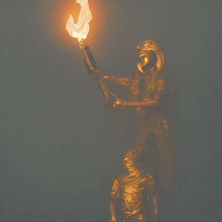 Image similar to golden man holding a sword obsidian sword sword on fire (Foggy forest backdrop) (red crescent moon) (white fog)