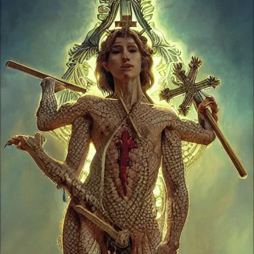 Prompt: fullbody!! christ as a scaly cold blooded reptilian lizard holding a holy cross in his claws, intricate, elegant, highly detailed, digital painting, artstation, concept art, smooth, sharp focus, illustration, art by artgerm and greg rutkowski and alphonse mucha