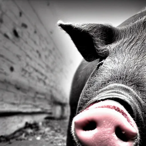 Prompt: extreme close - up shot low angle of a pig, in the style of lee jeffries, in the style of yousuf karsh vaporware style